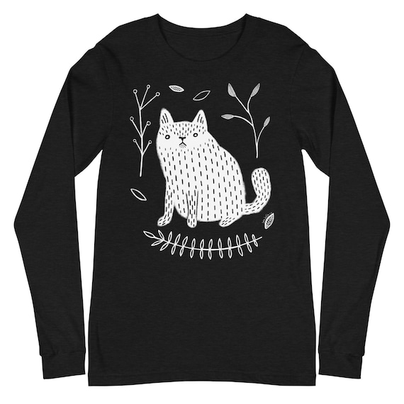 LONG SLEEVE T-SHIRT White Cat Folk Art 