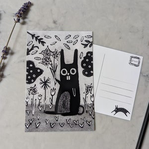 100x150 KUNSTDRUCK POSTKARTE Garten Kaninchen Blumen Volkskunst Geburtstagsgeschenk skurril niedlich Schräg Einweihungsparty witzig gruseliger Goth Bunny