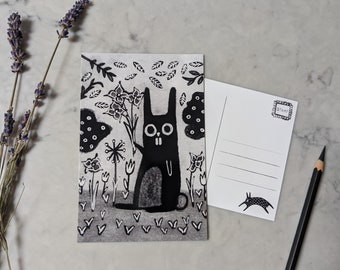 4x6 ART PRINT POSTCARD Garden Rabbit Flowers Folk Art Birthday Gift Whimsical Cute Weird Quirky Strange Housewarming Funny Creepy Goth Bunny