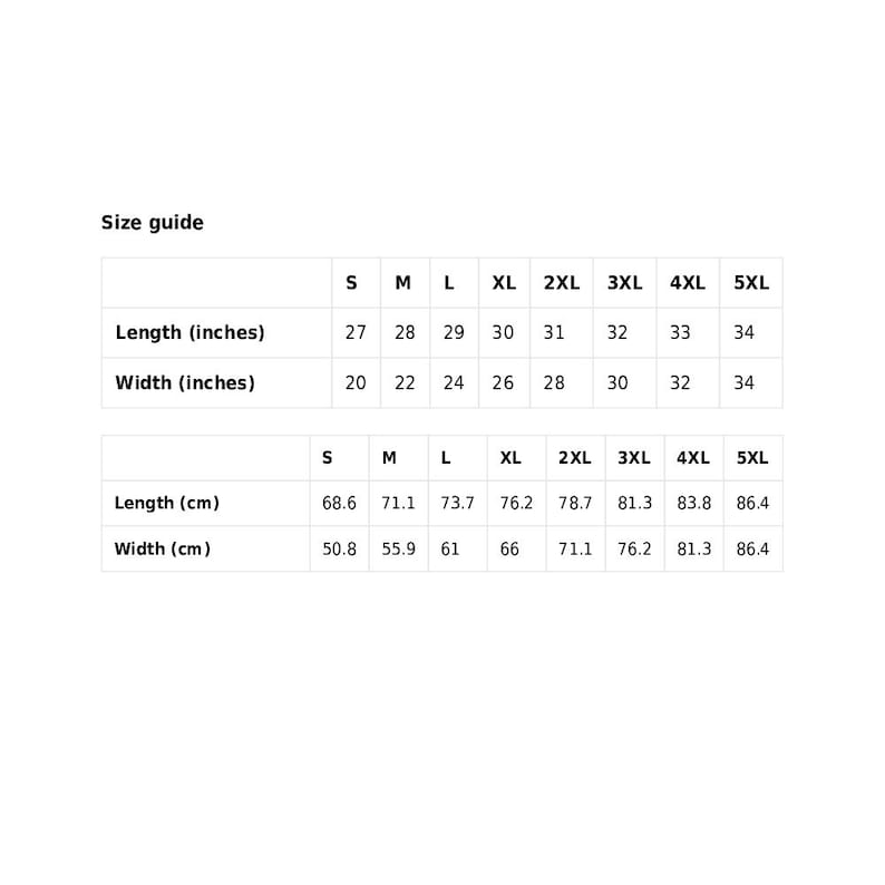 May include: Size guide chart for clothing with measurements in inches and centimeters. The chart shows sizes from S to 5XL with corresponding length and width measurements.