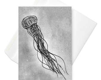 TARJETA DE FELICITACIÓN Ilustración de medusas Regalos de inauguración de la casa Decoración del hogar oceánico Tema de playa Arte mural costero Pintura de peces Ideas de regalos Arte de aguas profundas