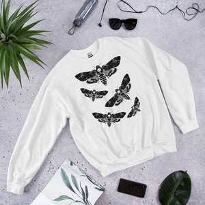 CLASSIC SWEATSHIRT Moth Sweater Folk Art Insect Birthday Housewarming Gifts Weird Botanical Forest Bugs Hawkmoth Creepy Horror Goth Punk Emo White