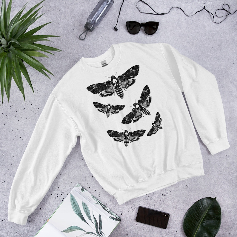 CLASSIC SWEATSHIRT Moth Sweater Folk Art Insect Birthday Housewarming Gifts Weird Botanical Forest Bugs Hawkmoth Creepy Horror Goth Punk Emo White
