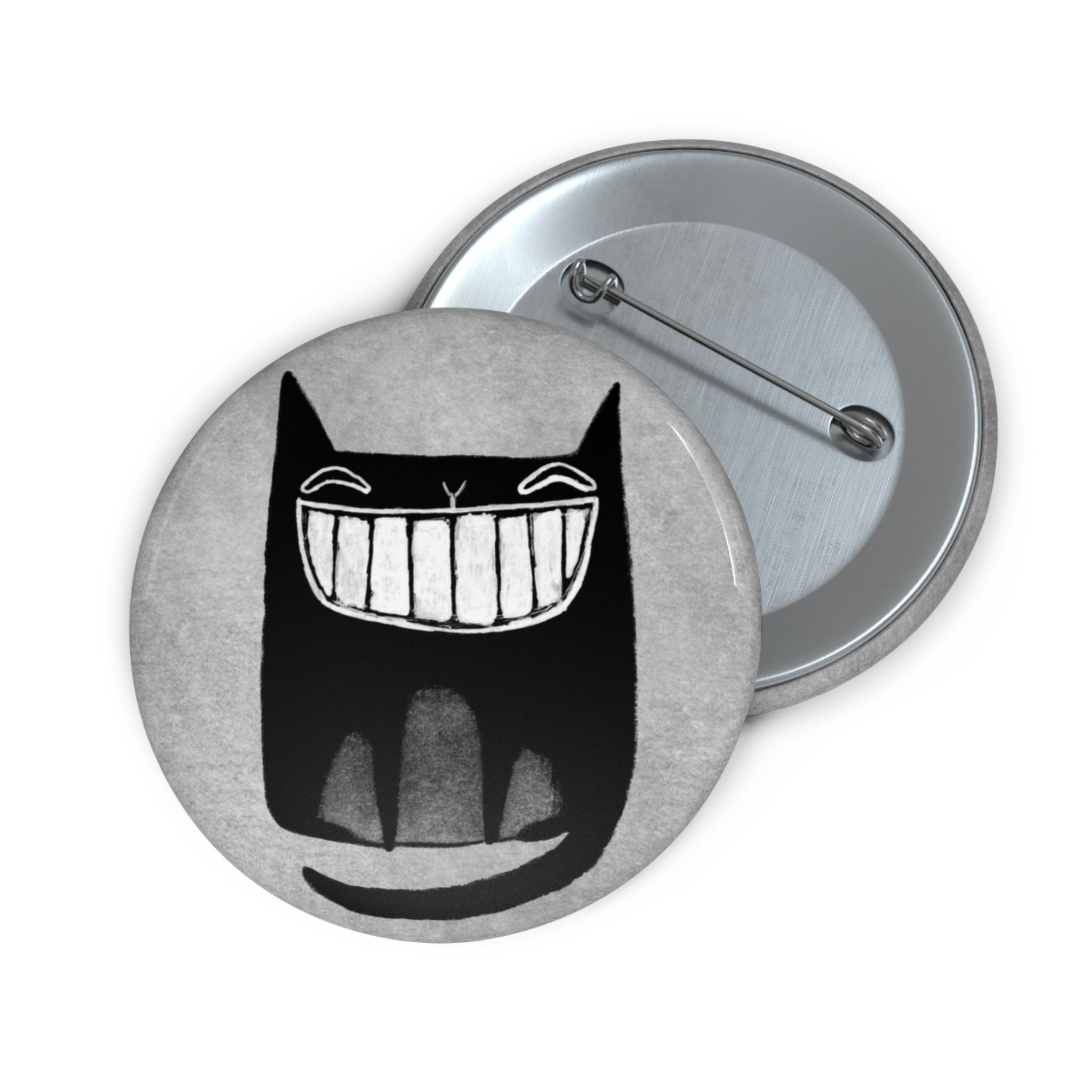 PINBACK BUTTON Pin Black Cat Art Badge Folk Art Kitty Brooch Weird Cute ...