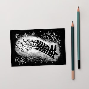 CARTÃO POSTAL ARTÍSTICO 4x6 Coelho Espacial Coelho Kawaii Presente de Aniversário Inauguração de Casa Arte Folclórica Animais Fofos Presente Caprichoso Coelho Preto Estrelas Saltitantes