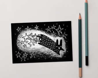4x6 ART PRINT POSTCARD Space Rabbit Bunny Kawaii Birthday Gift Housewarming Folk Art Cute Animals Whimsical Gift Black Rabbit Jumping Stars
