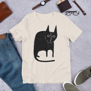 STRAIGHT CUT T-SHIRT Black Cat Shirt Folk Art Print Birthday Housewarming Gifts Funny Cute Kitty Shirts Whimsical Gift Gothic Cats Weird Art