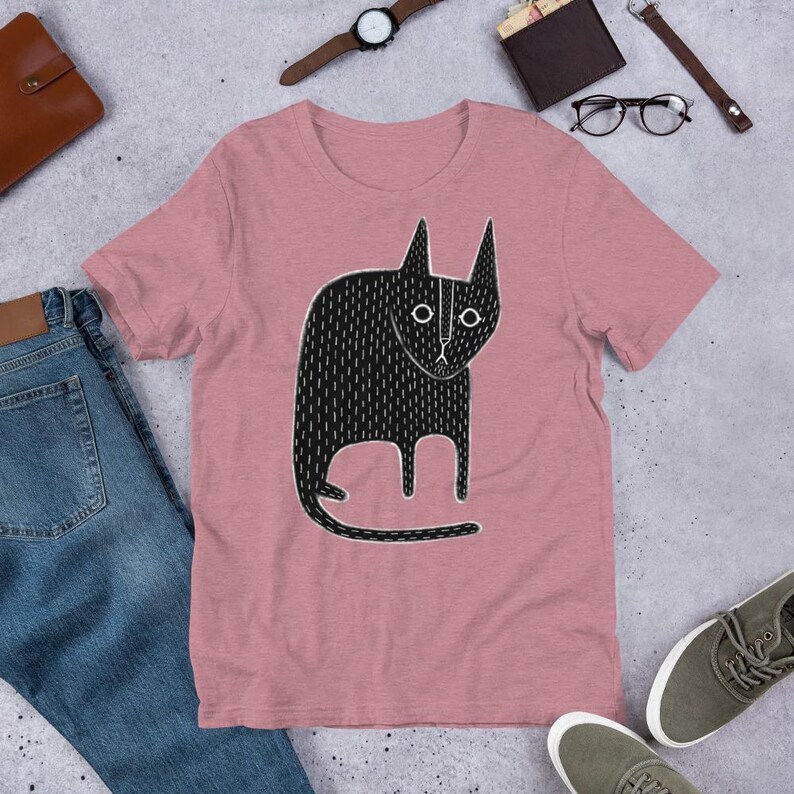 STRAIGHT CUT T-SHIRT Black Cat Shirt Folk Art Print Birthday Housewarming Gifts Funny Cute Kitty Shirts Whimsical Gift Gothic Cats Weird Art