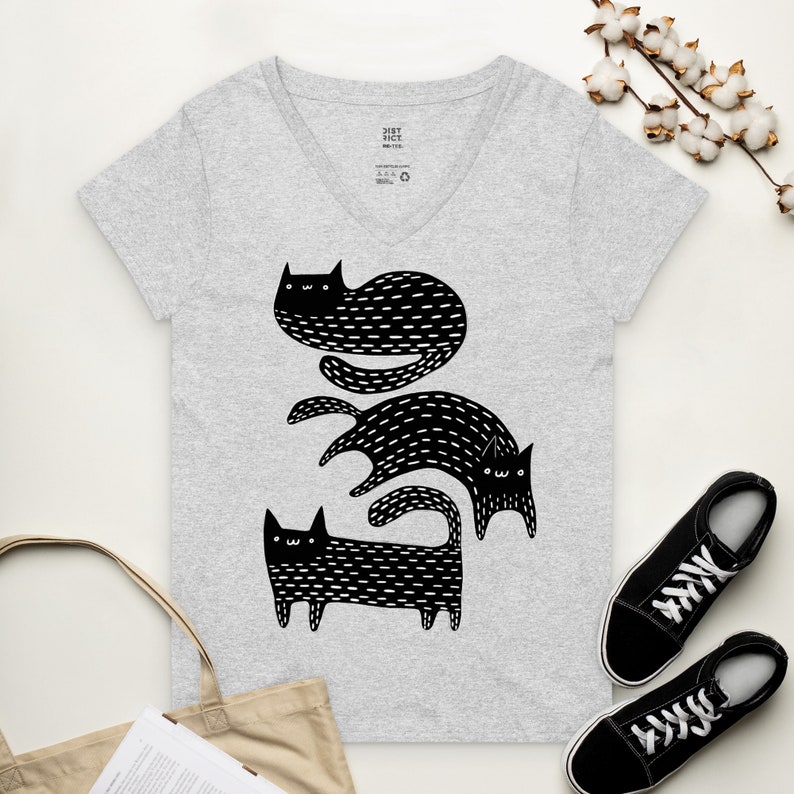 V-NECK T-SHIRT Black Cat Shirt Folk Art Birthday Housewarming Gifts Funny Cute Kitty Shirts Whimsical Gift Gothic Cats Weird Art Witchy Goth Light Grey