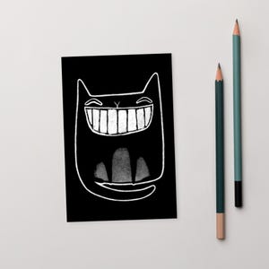 4 x 6 ART PRINT CARTE POSTALE Chat noir art folklorique cadeau d'anniversaire lunatique mignon étrange décalé pendaison de crémaillère Art brut drôle gothique kitty art mural
