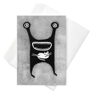 GRUSSKARTE Monster und Katze Folkskunst Lustige Karten Wunderliche Illustration Seltsames nettes Housewarming Katzenliebhaber Geburtstagsgeschenk schrullig Goth Kitty