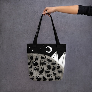 TOTE BAG Black Cat Moon Goth Housewarming Birthday Folk Art Whimsical Shopping Crescent Moon Cute Quirky Mountain Gothic Emo Witch Valentine