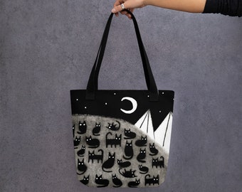 TOTE BAG Black Cat Moon Goth Housewarming Witch Birthday Folk Art Whimsical Shopping Moon Cute Quirky Mountain Gothic Punk Emo Witchy Cats