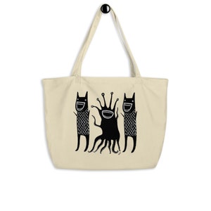 LARGE TOTE BAG Monsters Organic Folk Art Print Monster Birthday Gifts Housewarming Grocery Shopping Essentials Cute Weird Funny Illustration image 2