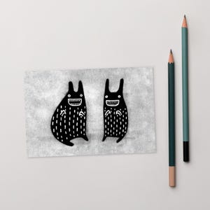 4 x 6 ART PRINT CARTE POSTALE Lapin noir art folklorique cadeau d'anniversaire lunatique mignon étrange décalé pendaison de crémaillère Art brut Lapin gothique drôle art mural