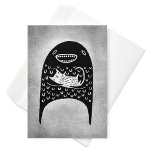 CARTÃO DE FELICITAÇÃO Monstro e Gato Arte Popular Cartões Engraçados Ilustração Caprichosa Estranho Fofo Boas-vindas Amante de Gatos Presente de Aniversário Gatinho Gótico Peculiar