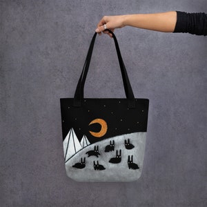 TOTE BAG Rabbit Moon Birthday Housewarming Gifts Whimsical Crescent Moon Cute Quirky Weird Gifts Shopping Grocery Bags Bunny Mountain Purse