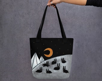 TOTE BAG Rabbit Moon Birthday Housewarming Gifts Whimsical Crescent Moon Cute Quirky Weird Gifts Shopping Grocery Bags Bunny Mountain Purse