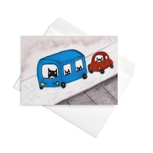 CARTE DE VUX Coincé derrière un bus Chat noir Circulation urbaine Voiture Art populaire Amoureux des chats Cadeaux Illustration Pendaison de crémaillère Cadeaux d'anniversaire drôles