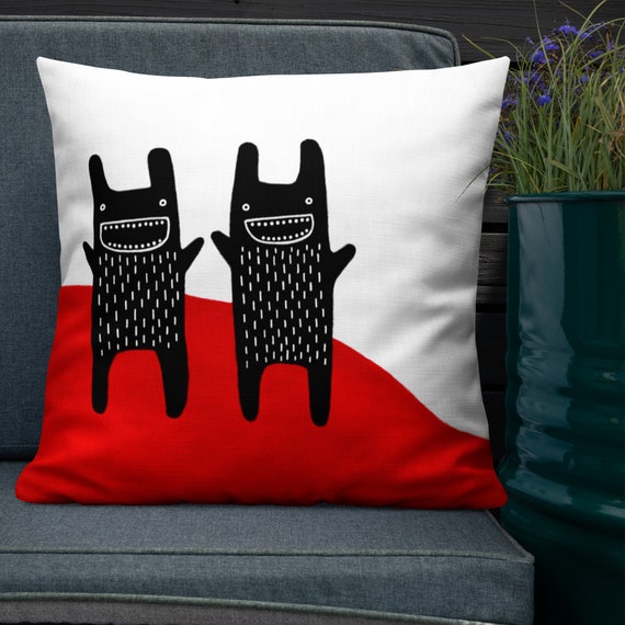 THROW PILLOW Rabbit Monsters Folk Art Print Whimsical Home 