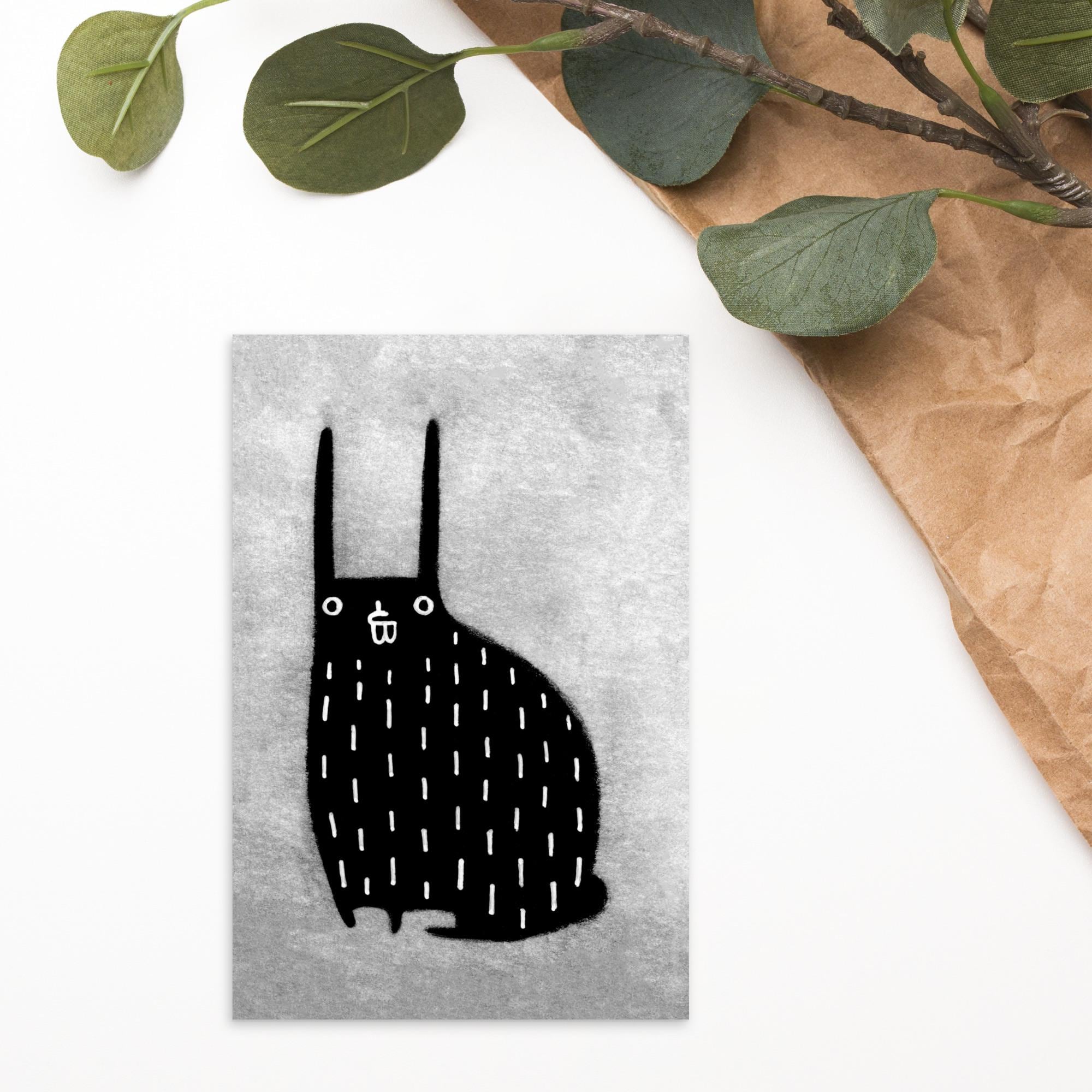 4x6 ART PRINT POSTCARD Black Rabbit Kawaii Folk Art Birthday Gift ...
