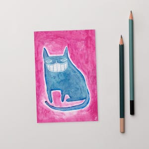4 x 6 ART PRINT CARTE POSTALE Blue Cat Folk Art original carte de collection fantaisiste Illustration Art étrange pendaison de crémaillère cadeau d'anniversaire pour les gens de chat