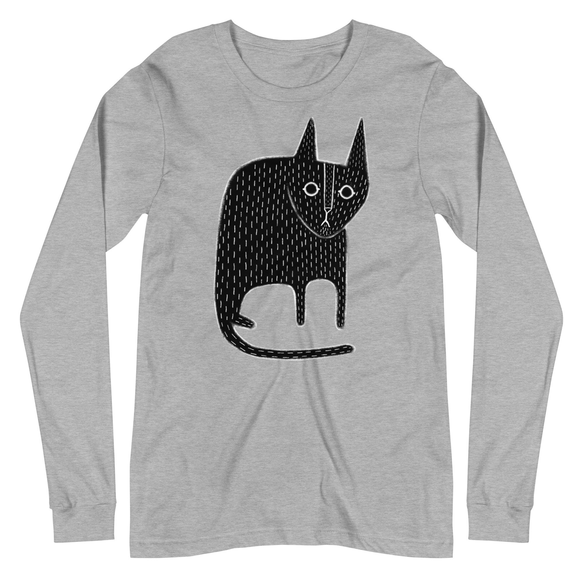 LONG SLEEVE T-SHIRT Black Cat Folk Art Cute Kitty Gothic Birthday