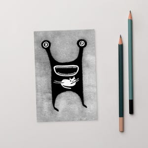 POSTAL CON LÁMINA ARTÍSTICA DE 4 x 6, diseño de monstruo y gato, estilo kawaii, arte popular, tarjetas divertidas, caprichosas, extrañas, lindas, para inauguración de la casa, regalo de cumpleaños para amantes de los gatos, peculiares, góticas