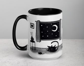 15oz COFFEE MUG Black Cat Folk Art Housewarming Gift Cat Lover Birthday Gifts Big Mugs Funny Cute Weird Quirky Large Tea Cup Ceramic Cats
