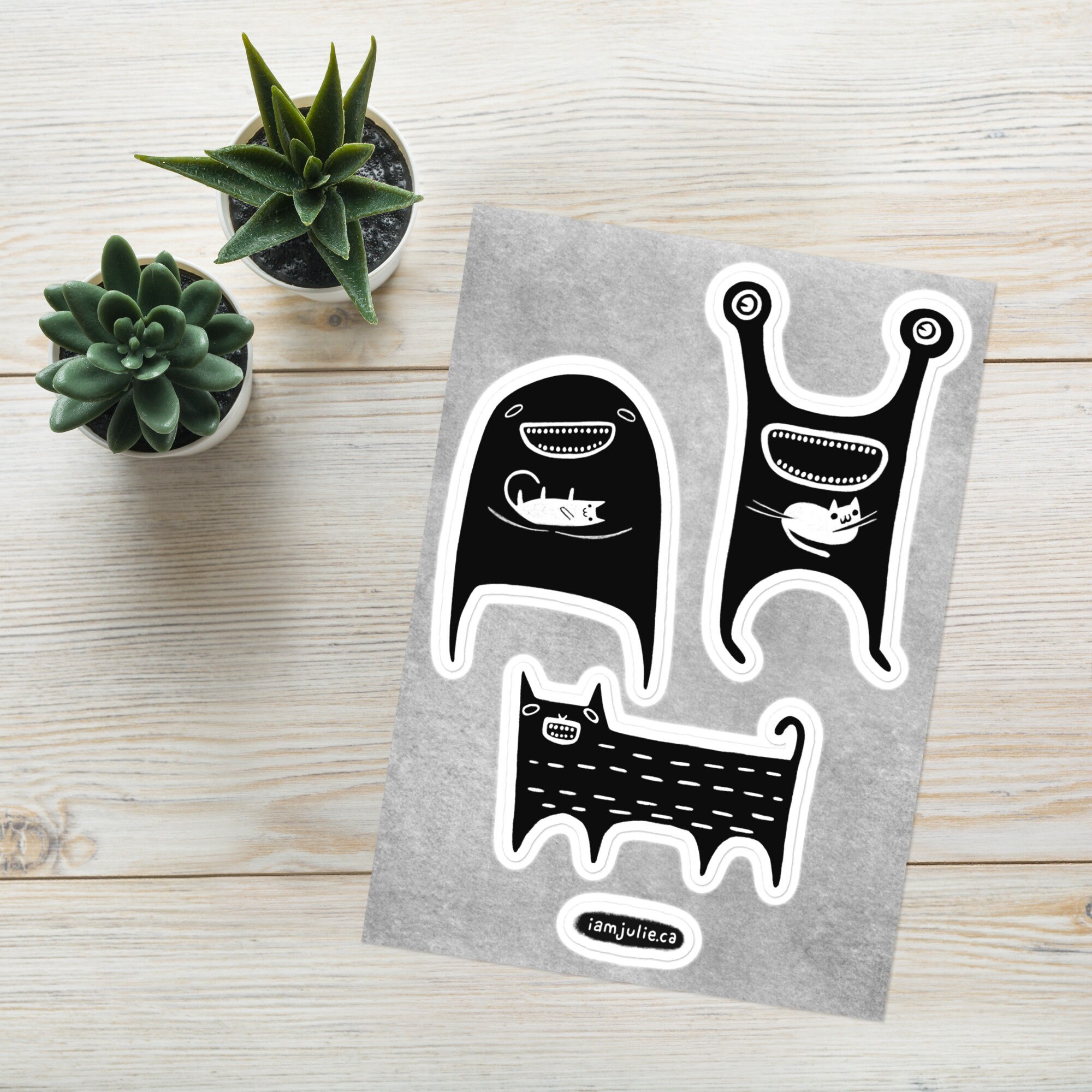VINYL STICKER SHEET Monster and Cat White Cat Folk Art Housewarming ...