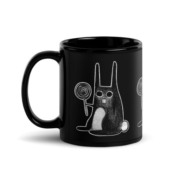 11oz BLACK COFFEE MUG Weird Rabbit Lollipop Dark Academia Gothic Bunny Birthday Housewarming Gift Goth Weirdcore Creepy Cute Spring Finds