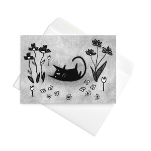 CARTÃO DE SAUDAÇÕES Gato Preto Jardim Kawaii Gatos Plantas Botânico Arte Popular Bonito Peculiar Arte Caprichosa Presente de Inauguração Presentes de Aniversário para Amantes de Gatos