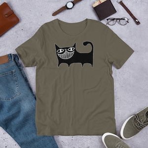GERADE SCHNITT T-SHIRT Schwarze Katze Shirt Rundhals Unisex Folk Kunstdruck schrullig wunderlich niedlich Geburtstag Housewarming Geschenke Lustige seltsame Hemden Army