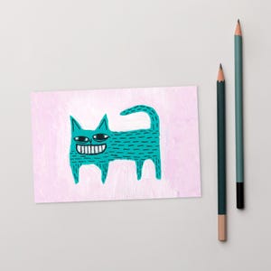 4 x 6 CARTE POSTALE IMPRESSION D'ART Chat bleu Kawaii chats Art folklorique pendaison de crémaillère Kitty impression d'art Unique original original lunatique chat amoureux des cadeaux décoration d'intérieur fantaisie