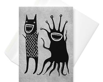 GREETING CARD Monster Alien Folk Art Print Quirky Whimsical Cute Creepy Birthday Gifts Weirdcore Cryptid Housewarming Gothic Spring Gifts