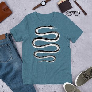 May include: A teal blue t-shirt with a black and white snake graphic design. The snake is coiled and has a stylized head with a forked tongue.
