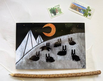100x150 ART PRINT POSTKARTEN Schwarzes Kaninchen Mond Malerei Folk Malerei Skurril Einweihungsparty Bester Freund Geschenk Skurril Häschen Gothic Wohnkultur Geburtstag Goth