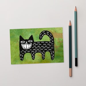 4 x 6 ART PRINT CARTE POSTALE Chat noir Kawaii chats Art folklorique Carte originale et lunatique mignonne Art étrange Cadeau de pendaison de crémaillère Cartes d'anniversaire Cadeaux pour amoureux des chats