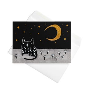 Carte de voeux chat noir, paysage lune, kitty kawaii, invitations fantaisistes, sorcières, pendaison de crémaillère goth, cartes d'anniversaire, cadeau pour amoureux des chats