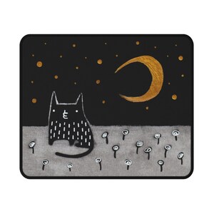 May include: A black cat with white spots sits in a field of white flowers under a crescent moon and a starry night sky.