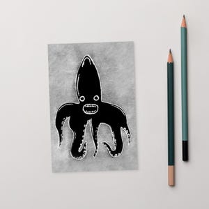 4x6 KUNSTDRUCK POSTKARTE Tintenfisch Monster Kawaii Volkskunst Schräges Gruseliges Brieffreundschaft Geschenk Wunderlich Einweihungsparty Grusskarte Geburtstagsgeschenk Gruselig Goth