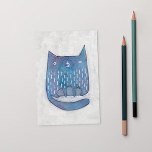 4x6 ART PRINT POSTCARD Blue Cat Kawaii Cats Folk Art Housewarming Kitty Art Print Presentes exclusivos, peculiares e caprichosos para amantes de gatos Decoração para casa Caprichosa