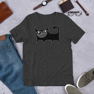 GERADE SCHNITT T-SHIRT Schwarze Katze Shirt Rundhals Unisex Folk Kunstdruck schrullig wunderlich niedlich Geburtstag Housewarming Geschenke Lustige seltsame Hemden Dark Grey Heather