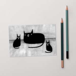 4x6 ART PRINT POSTCARD Black Cat Kawaii Cats Folk Art Cute Quirky Whimsical Card Weird Art Housewarming Gift Birthday Cards Cat Lover Gifts