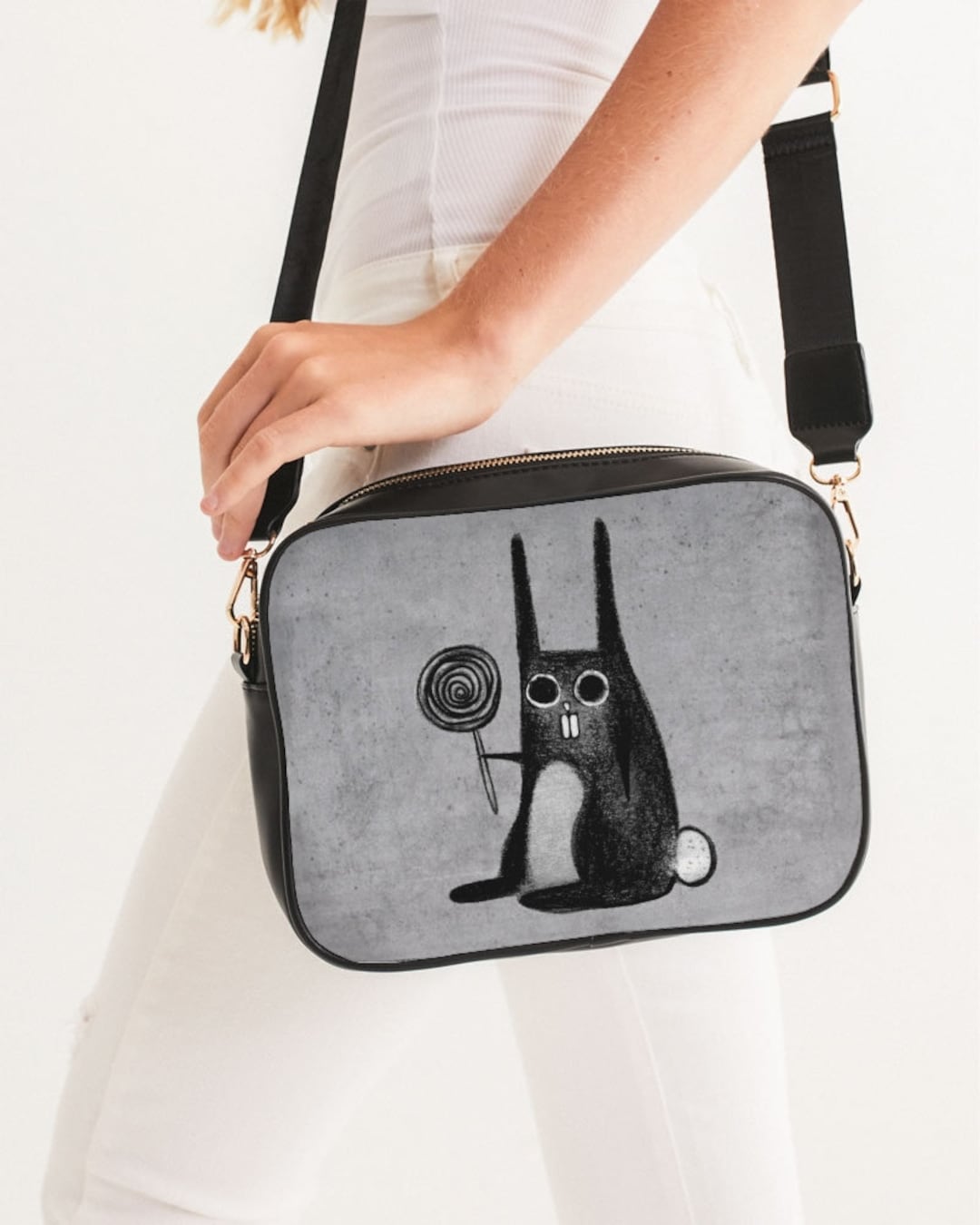 CROSSBODY BAG Weird Rabbit Lollipop Folk Art Bunny Birthday Gift