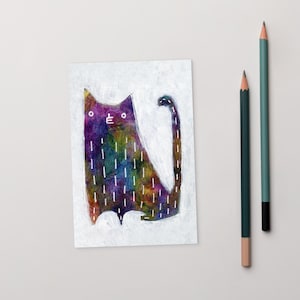 4x6 KUNSTDRUCK POSTKARTE Bunte Katze Kawaii Kitty Volkskunst Einweihungsparty Postkarten Geburtstagskarten Schrullige, skurrile Wandkunst