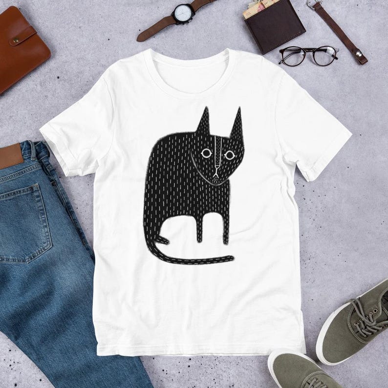 STRAIGHT CUT T-SHIRT Black Cat Shirt Folk Art Print Birthday Housewarming Gifts Funny Cute Kitty Shirts Whimsical Gift Gothic Cats Weird Art