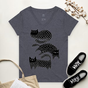 V-NECK T-SHIRT Black Cat Shirt Folk Art Birthday Housewarming Gifts Funny Cute Kitty Shirts Whimsical Gift Gothic Cats Weird Art Witchy Goth Heathered Navy