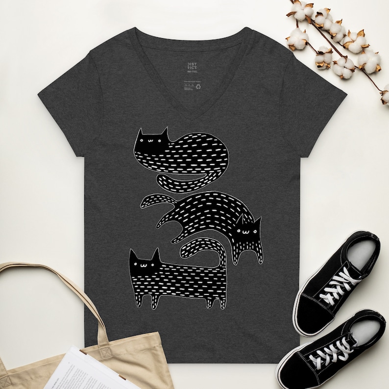 V-NECK T-SHIRT Black Cat Shirt Folk Art Birthday Housewarming Gifts Funny Cute Kitty Shirts Whimsical Gift Gothic Cats Weird Art Witchy Goth Charcoal Heather