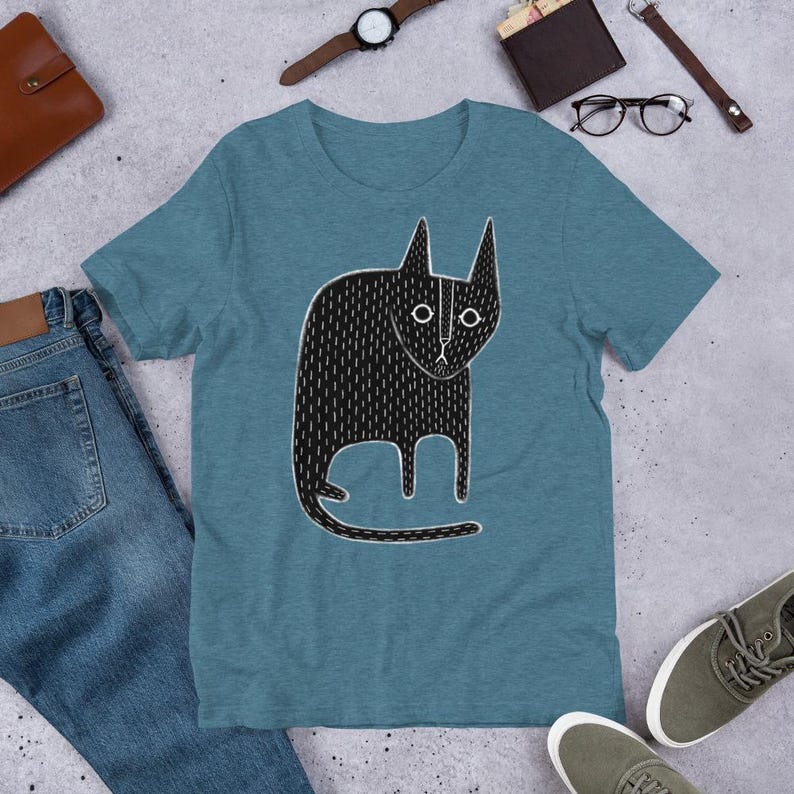 STRAIGHT CUT T-SHIRT Black Cat Shirt Folk Art Print Birthday Housewarming Gifts Funny Cute Kitty Shirts Whimsical Gift Gothic Cats Weird Art